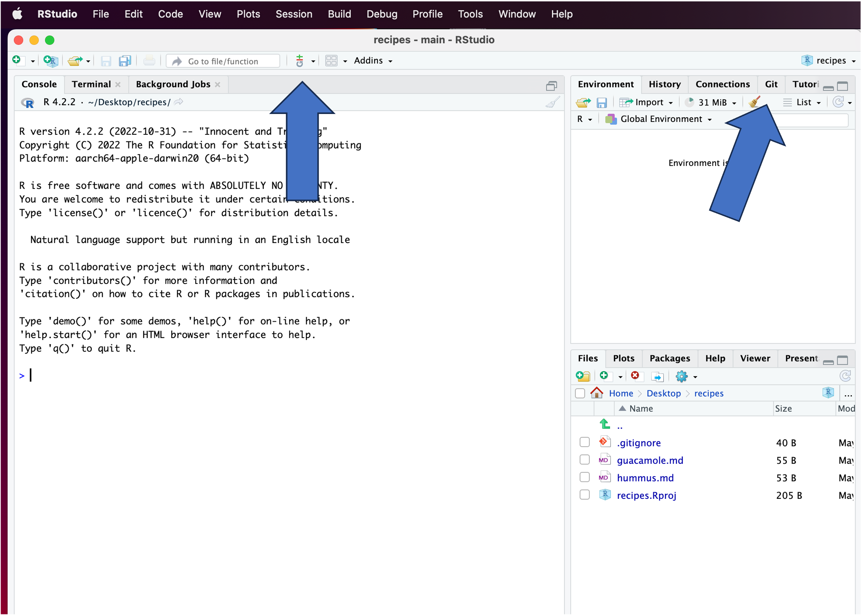 RStudio window after new project is created with large arrow pointing to vertical Git menu bar.