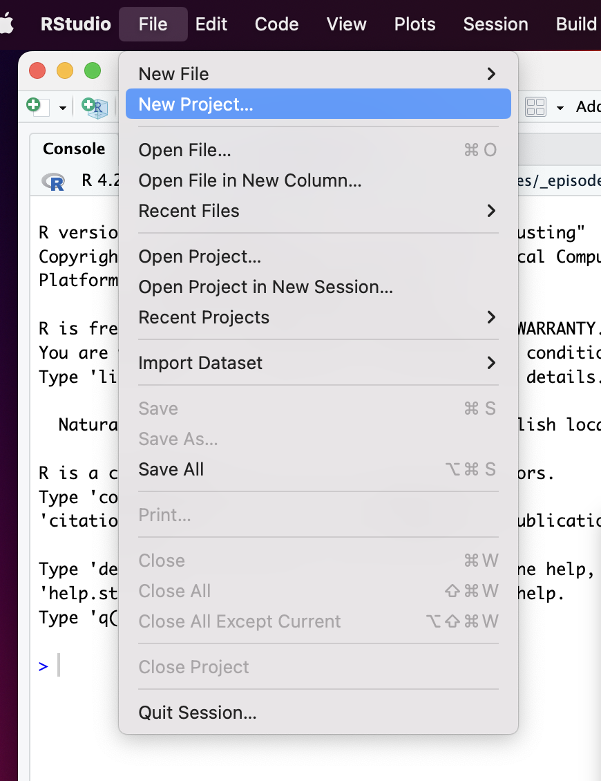 RStudio screenshot showing the file menu dropdown with "New Project..." selected