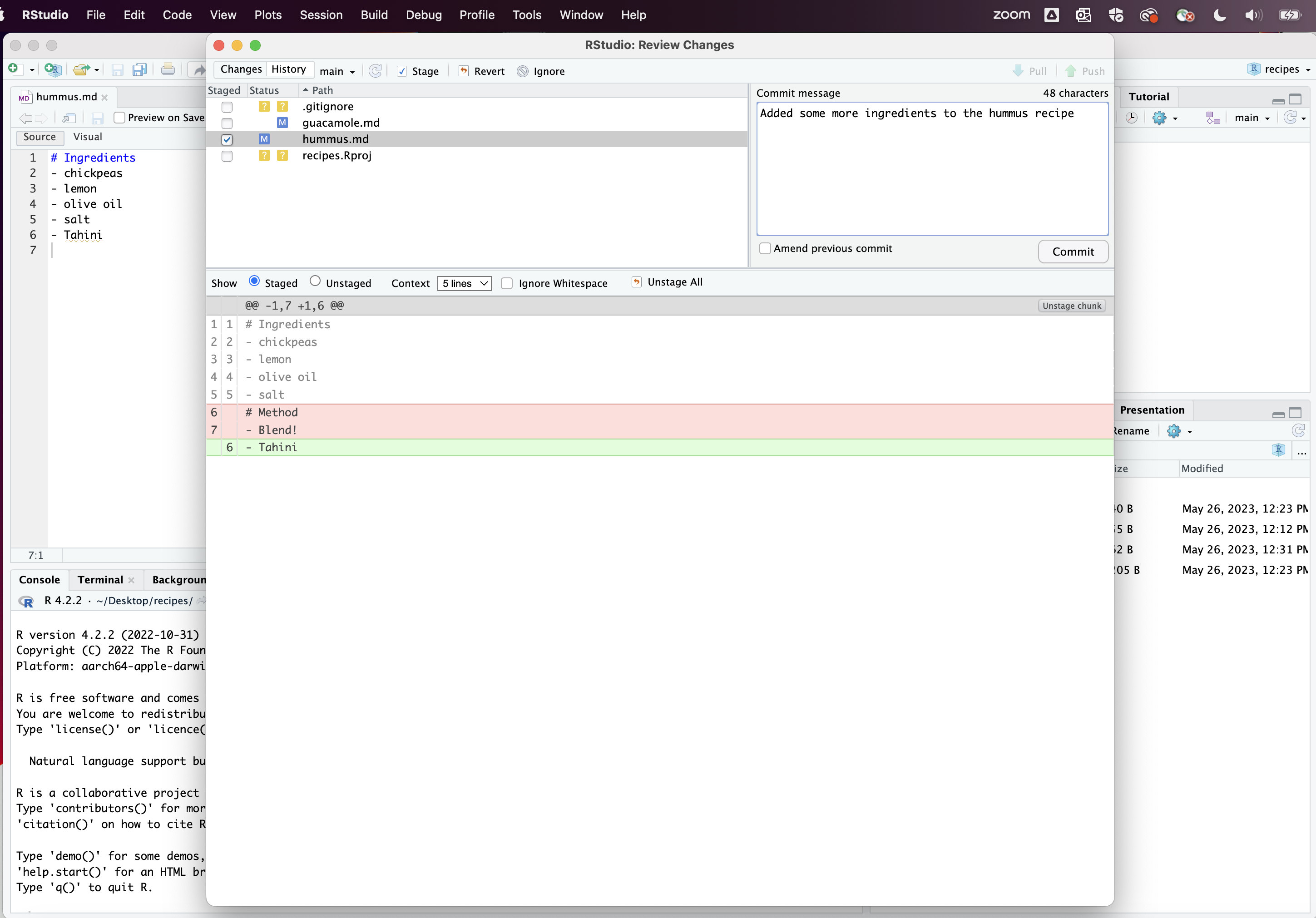 RStudio screenshot showing the Git menu dropdown with "Commit..." selected