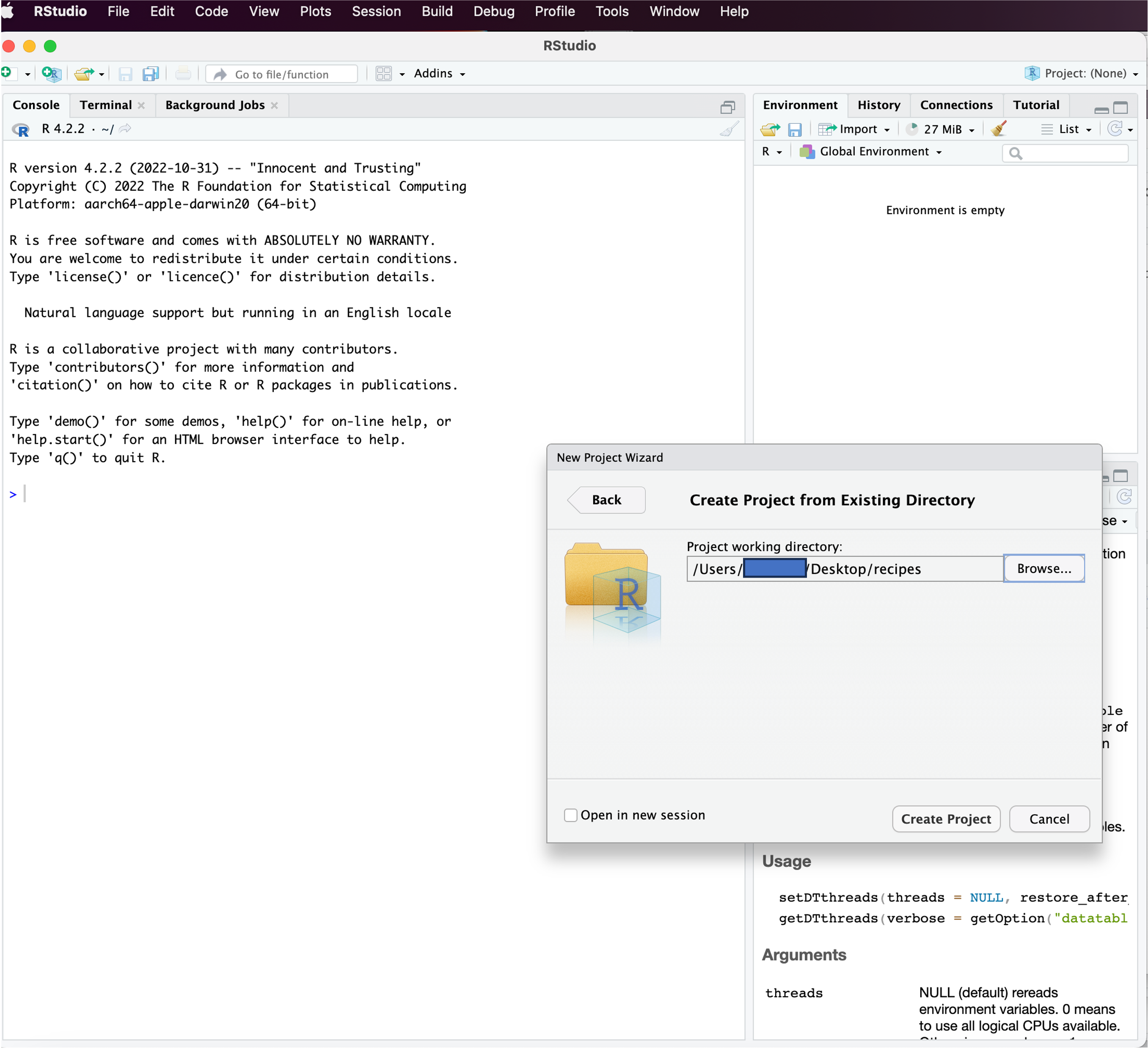 RStudio screenshot showing New Project dialog window with "Create project from existing directory" selected